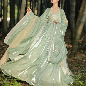 2023 אביב/קיץ חדש Hanfu נשים עתיקה ירוק רחב שרוול רקום זורם שמלה שמלה סינית מסורתית ההלבשה העולם