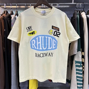 באיכות גבוהה 
 Raceway בסגנון שחור לבן משמש Rhude טי-שירט נשים גברים כותנה שרוול קצר טי מנופחים חולצה