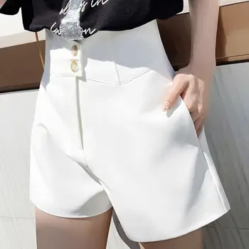גבוהה המותניים מוצק צבע חליפת מכנסיים קצרים בקיץ חדש רופף לחצן קו רחב הרגל המכנסיים המשרד אופנה אלגנטית נשים בגדים