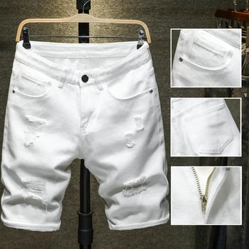 הקיץ חדש לבן, שחור גברים נקרע חור מכנסי ג 'ינס קצרים סלים מקרית באורך הברך קצר ישר חור ג' ינס מכנסי ברמודה לגברים