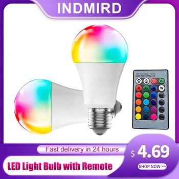 INDMIRD הוביל שינוי צבע הנורה עם שלט רחוק,A19 E27 לבן 5W 450LM Dimmable RGBW הנורה LED,12 אפשרויות צבע