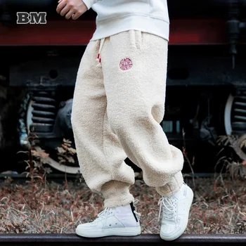 סתיו חורף אופנה צמר עבה מזדמן Sarouel גודל פלוס ריצה מכנסיים Harajuku רקמה מכנסיים בגדי גברים רצים