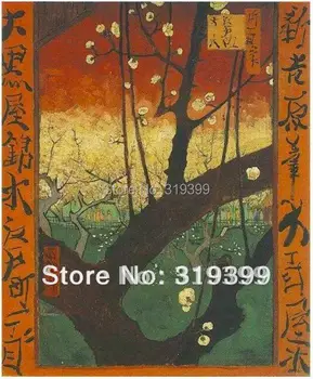 מצעים בד ציור שמן רבייה, Japonaiserie פריחת שזיף (אחרי הירושיגה) על ידי וינסנט ואן גוך,100% עבודת יד