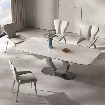 אור יוקרה מודרני מינימליסטי מלבני משק הבית לוח נירוסטה שולחן אוכל וכיסאות
