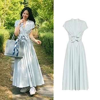 kpop קוריאני ג ' ני קיץ מתוק V-צוואר המותניים עיצוב תחרה למעלה שמלה ארוכה נשים אופנה טמפרמנט אלגנטי שרוול קצר שמלות
