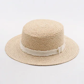X323 רפיה העליון השטוח כובע קש שולי קישוט שטוח כובע הגנה מהשמש נסיעות החוף כובעי רפיה כובע קש כובע פנמה