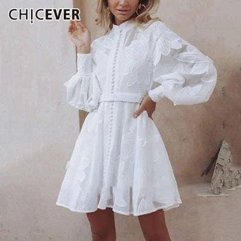 CHICEVER לבן אלגנטי טלאים, רקמה שמלה לנשים לעמוד צווארון פנס שרוול ארוך גבוהות מותן, שמלות נשיות 2022 חדש