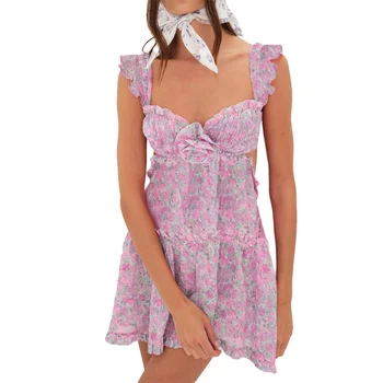 נשים סקסי ספגטי רצועה יוצאת שמלת מיני פרחונית ללא שרוולים עם מחשוף קלע שמלת Bodycon ללא משענת מסיבת חוף שמלה קצרה