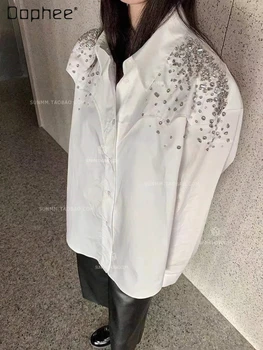בדרגה גבוהה האישה בעבודת יד חרוזים ריינסטון חולצות לבנות 2023 סתיו אופנה חדשה שרוול ארוך ישר החולצה הנשית Blusas Mujer