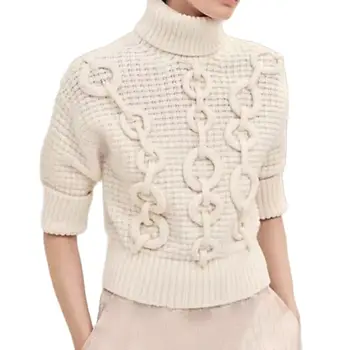 23 אופנה קלאסי מוצק צווארון סלים עליון סרוג נשים אלגנטי שרוול ארוך הקלה תלת ממדים שיבוץ טכנולוגיה סוודר