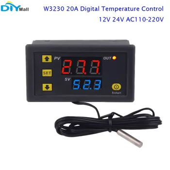 W3230 20A בקרת טמפרטורה דיגיטלית תצוגת LED תרמוסטט עם חימום/קירור שליטה מכשיר בדיקה קו 1m 12V 24V AC110-22