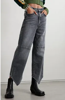 גבוה עם קו מותן אלסטי אפור כהה, ג 'ינס נשים הצביע שולי ישר קרסול אורך-ג' ינס מכנסיים נשים מכנסיים 2023 חדש