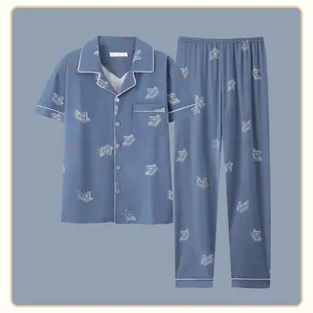 גברים כותנה, סט פיג ' מה 2023 הקיץ החדש רופף קצר עם שרוולים Pijamas המכנסיים שני חלקים זכר מזדמן Homewear Nightwear חליפה