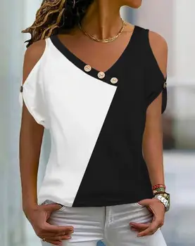 נשים חולצה אופנה 2023 הקיץ Colorblock כפתור עיצוב הכתף הקרה החדשה למעלה היסודות טי אופנת רחוב חדשה Y2K קט Bloues