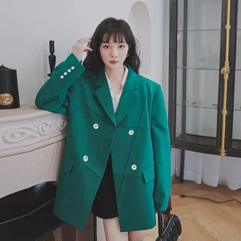 כפול עם חזה משולבים סגנון קוריאני ירוק ז ' קט בלייזר 2023 אביב נשים אלגנטי חופשי Bussiness מזדמן מעיל העבודה Q636