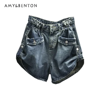 אופנה חזק מותניים עיצוב ג ' ינס מכנסיים קצרים לנשים 2023 האביב החדש תכליתי מזדמן גבוהה המותניים הרזיה Flanging רחב הרגל המכנסיים