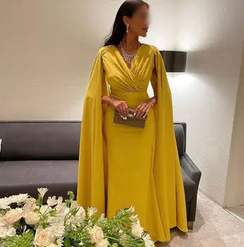 ערב הסעודית נשים הרשמית של בתולת ים אורך רצפת שמלת ערב עמוק V-צוואר סאטן עם שרוולים ארוכים שמלות לנשף פשוטות שמלת מסיבת