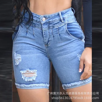 נשים מכנסי ג 'ינס קצרים אופנה הקיץ מוצק צבע סלים קרע קצר ג' ינס של נשים כפתור רוכסן כיס ישר גבוהה המותניים ג ' ינס