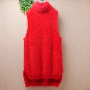04 נקבה נשים אופנה חג המולד אדום שעיר מינק קשמיר סרוגים צווארון ללא שרוולים ארוך סוודר מגשר למשוך את השמלה חולצות