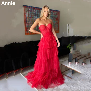 אורגנזה רב שכבתי שמלות לנשף סקסית סטרפלס שמלות ערב בצבע אדום בוהק שמלת ערב מתוק קו-2023 فساتين سهرة عربية