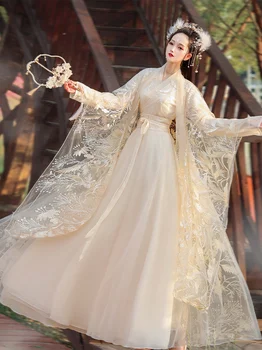 תחרה, רקמה Hanfu נקבת תלבושת קיץ לנשימה פיות סיני שמלה בסגנון הריקוד הלאומי פזמון ביצועים קוספליי