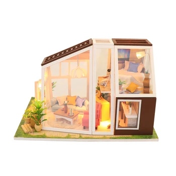 בית בובות מעץ רהיטי DIY בית מיניאטורי להרכיב 3D הבובות פאזל ערכות עם ריהוט אורות Led ילדים, מתנות ליום הולדת