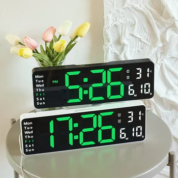 שעון דיגיטלי 13 אינץ ' שעון קיר גדול שעון מעורר שלט רחוק תאריך שבוע טמפרטורה שעון כפול אזעקות תצוגת LED שעון