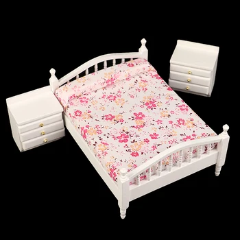 1Set בית בובות מיניאטורי האירופי מיטה זוגית שולחן ליד המיטה רהיטים הביתה מודל תפאורה צעצוע בית בובות אביזרים