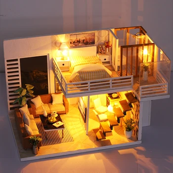 פשוט ואלגנטי בית בובות DIY 3D מיניאטורות הבובות ערכות רהיטים צעצועים Miniaturas גג הבית עם אור Led כיסוי אבק