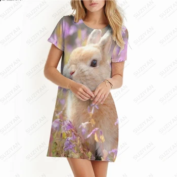 חדשות אופנה חמה למכירה נשים רופף גדול קו-שמלה שמש קיץ שמלה מזדמן שרוול קצר O-צוואר חיה חמודה הדפסת 3D חצאית מיני