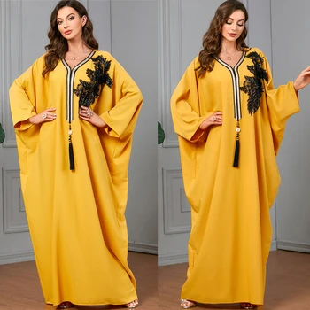 יוקרה אלגנטית דובאי Kaftan Abaya אפליקציות ציצית נשים מוסלמיות שמלה ארוכה האסלאמית הענקית עטלף שרוול שמלה טורקית Abaya החלוק