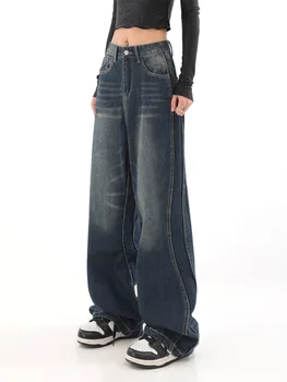 WCFCX סטודיו באגי ישר ג ' ינס Y2K משרד ליידי נשים מכנסיים רפויים אופנה שטף גבוה עם קו מותן חדש בעיצוב רטרו מכנסיים