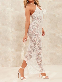 אלגנטי, שמלת הקיץ עבור נשים פרחוני תחרה רשת שמלת Bodycon עם לקשור לחצות הלטר הצוואר שרוולים ו ללא משענת עיצוב