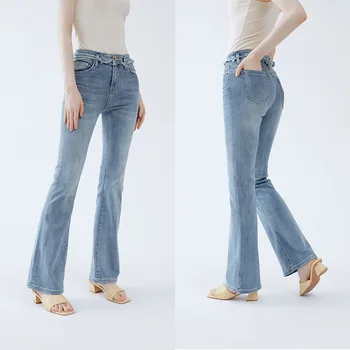 נשים קצה גלם עיצוב גבוהה המותניים מיקרו נור ג 'ינס 2023 אביב קיץ חדש גבירותיי כל-התאמה סלים ג' ינס כחול מכנסיים
