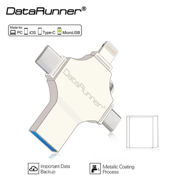 DataRunner USB 3.0 Flash Drive עבור iPhone & Type-C מקל זיכרון 32GB 64GB 128GB 256GB 4-IN-1 Pendrive עבור iOS/סוג C/Android/PC